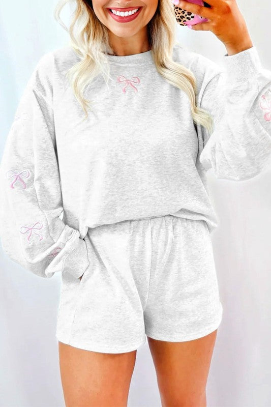 Bow Embroidered Pullover and Shorts Set