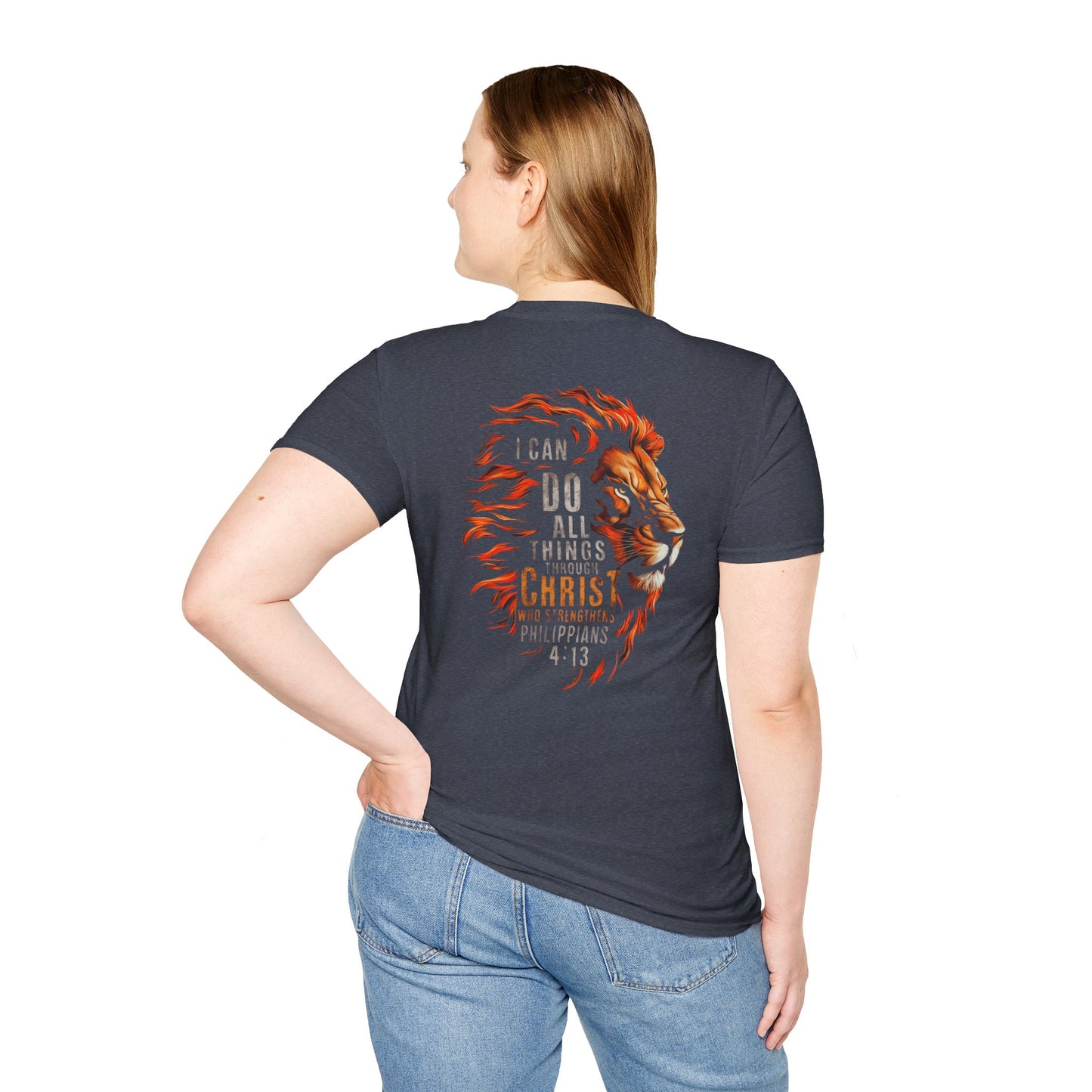 Inspirational Lion Tee | Unisex Softstyle T-Shirt, Christian Apparel, Philippians 4:13
