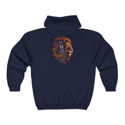 Philippians 4:13 Lion Full Zip Hoodie - Cozy Fall Streetwear Vibe