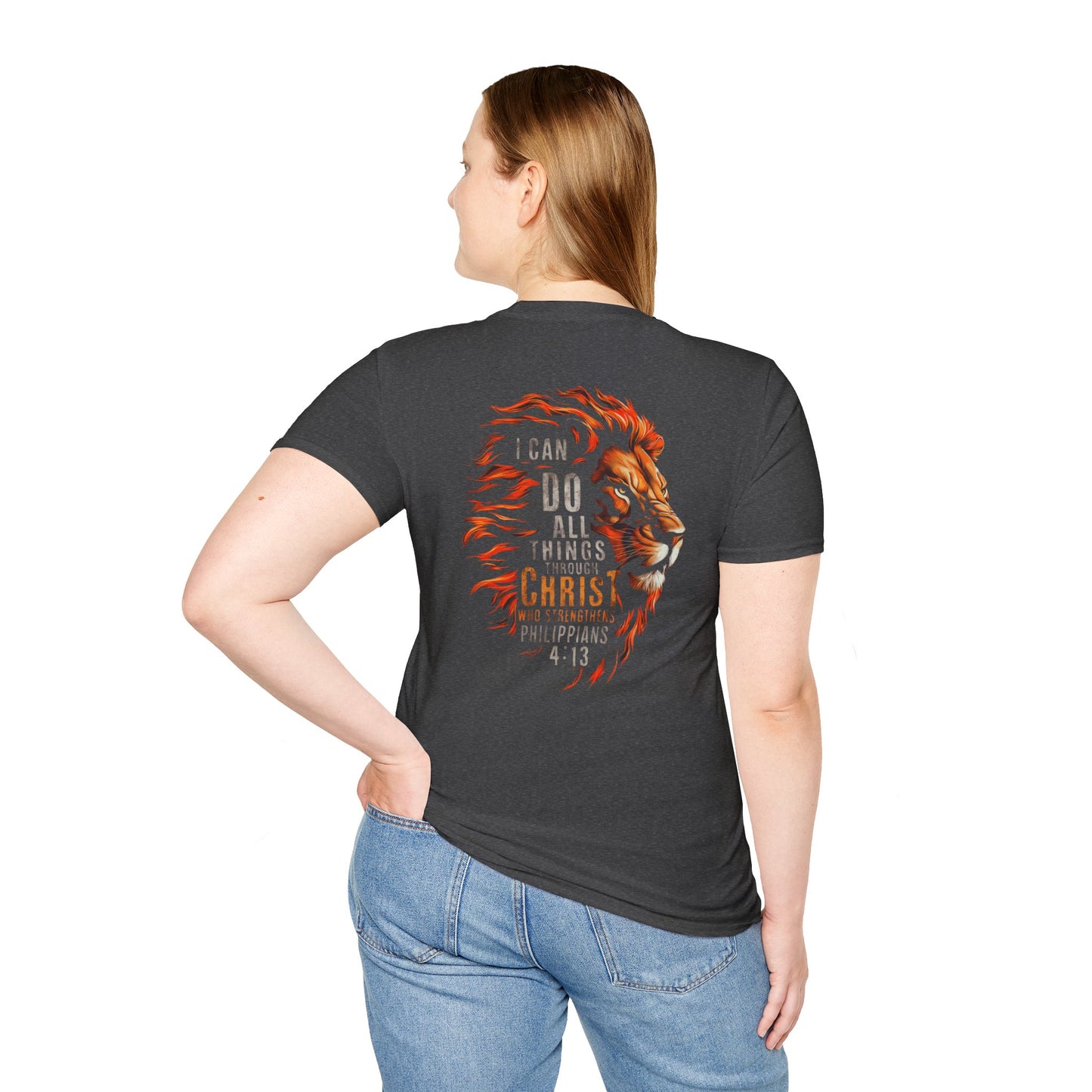 Inspirational Lion Tee | Unisex Softstyle T-Shirt, Christian Apparel, Philippians 4:13