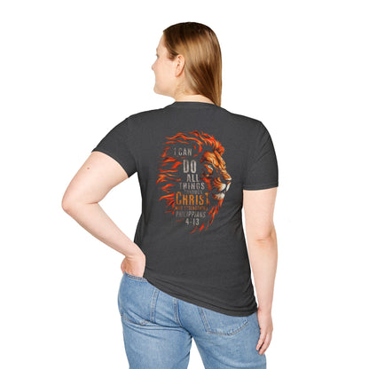 Inspirational Lion Tee | Unisex Softstyle T-Shirt, Christian Apparel, Philippians 4:13
